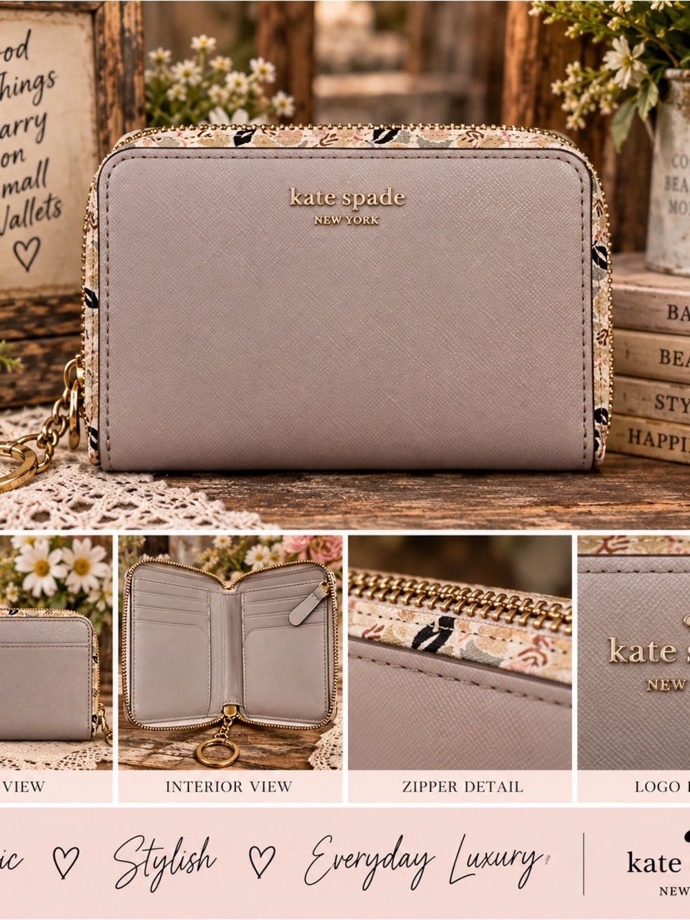 kate spade Pale Mauve Saffiano Zip Wallet with Floral Trim